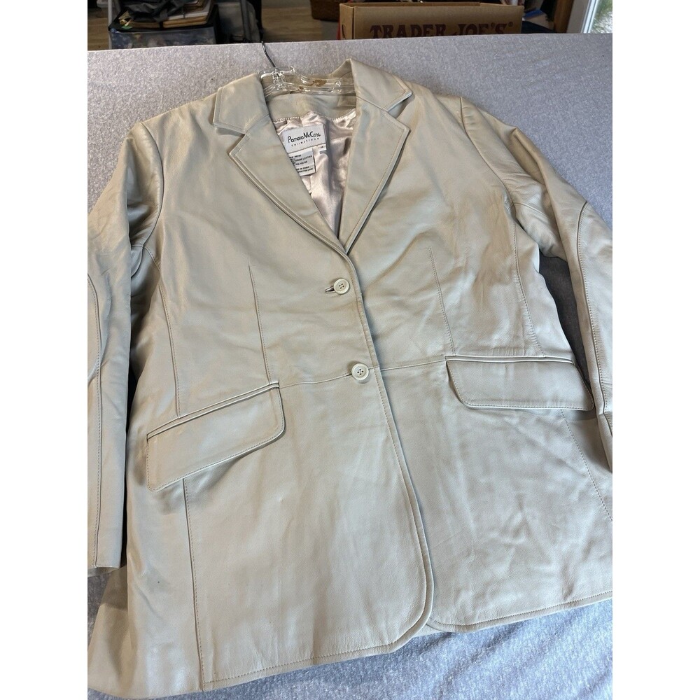 Pamela McCoy Soft Leather Jacket Blazer Cream Color Women’s 1x Button Fall Dress